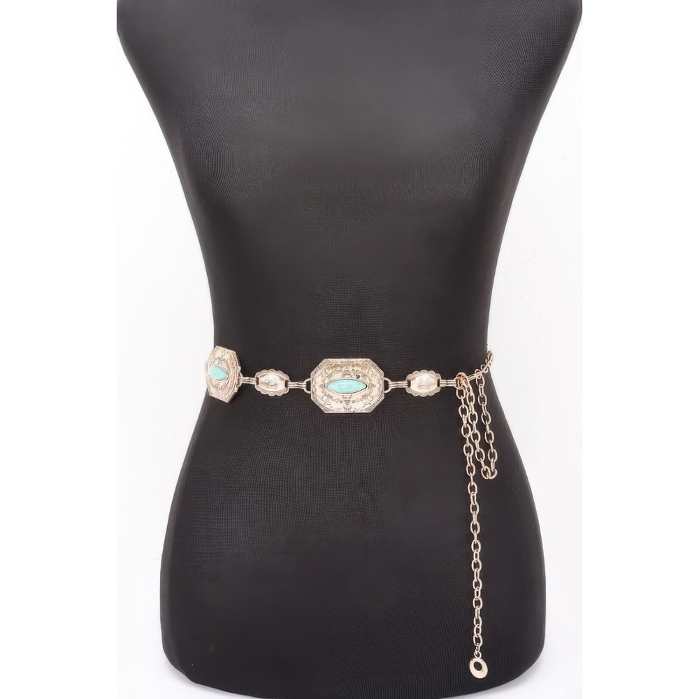 Concho Chain Belt Womens OS Gold Turquoise Excellent Western Boho